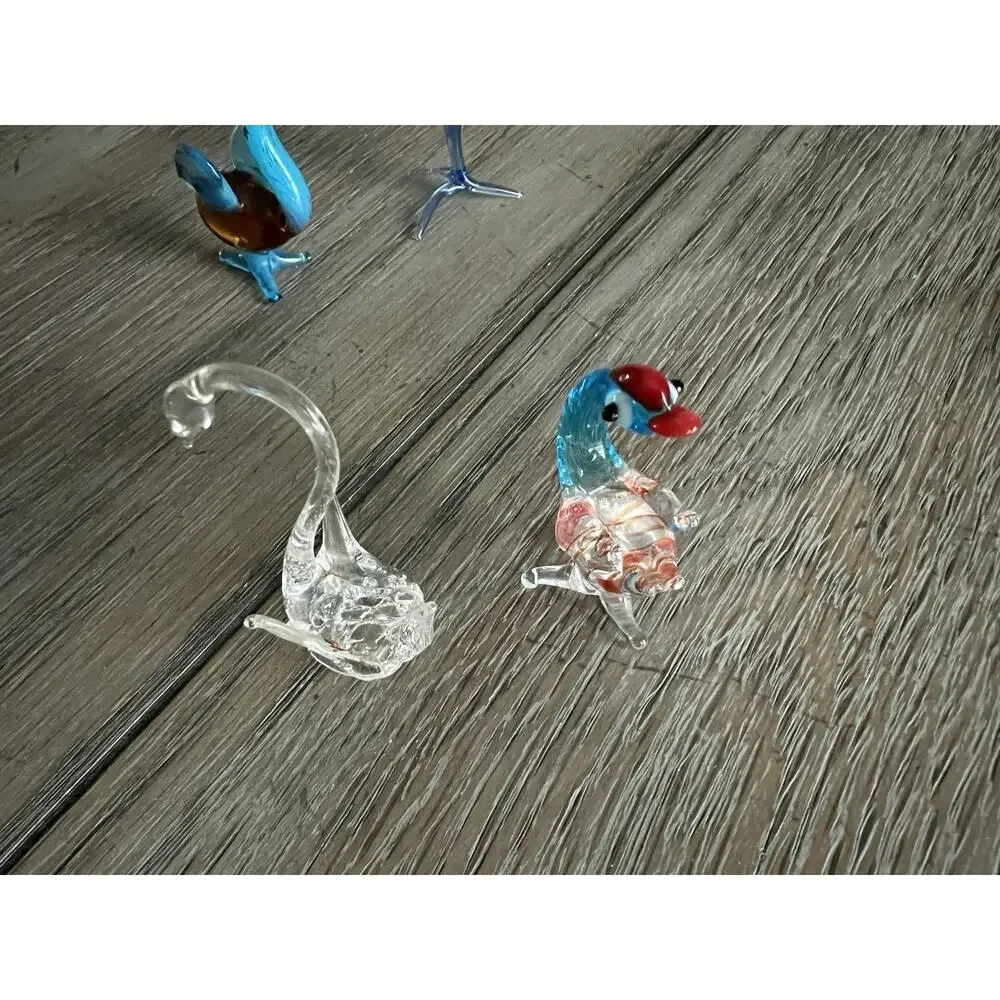 Hand Blown Glass Bird Figurines Swan, Ducks, & A Rooster Miniature Art Glass Set